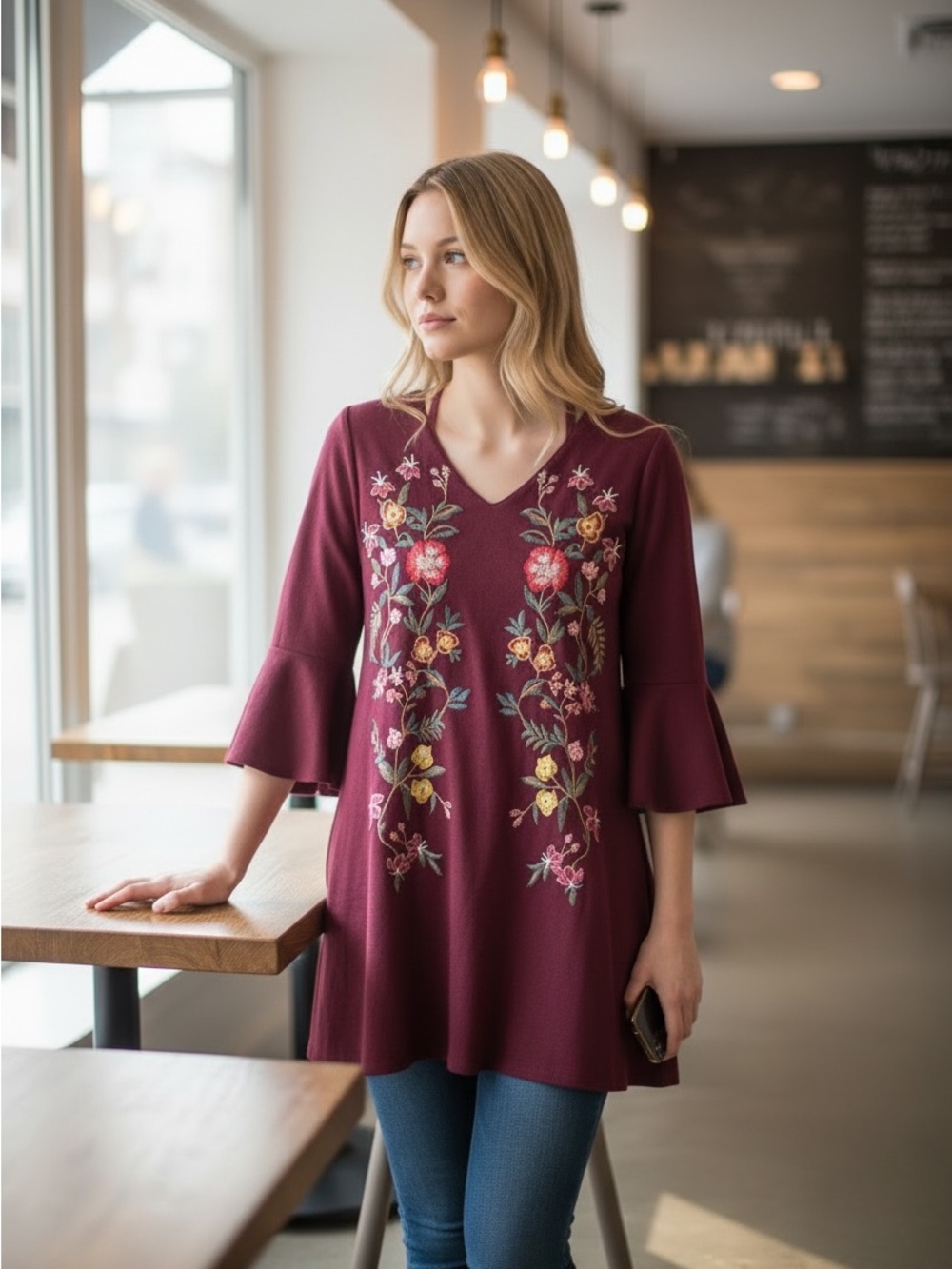 Altar'd State Burgundy Floral Embroidered Bell-Sleeve Tunic